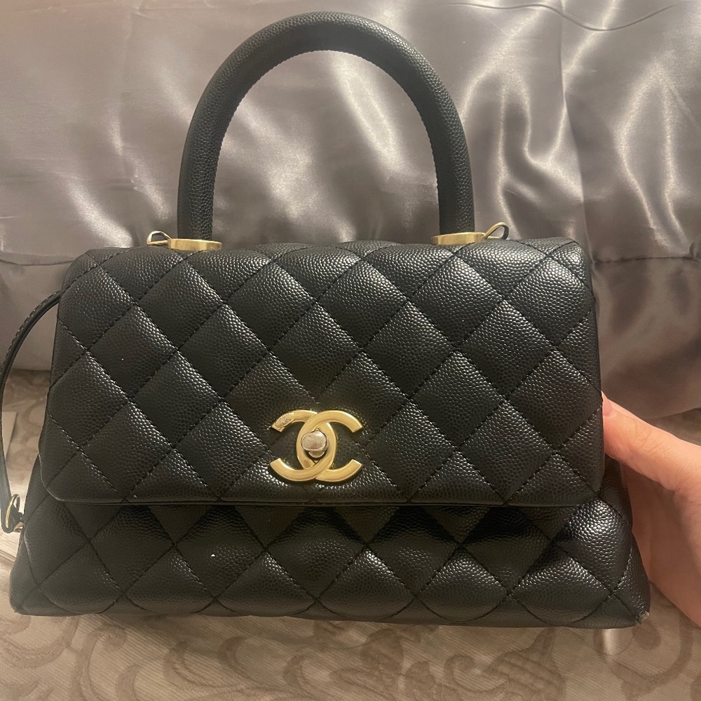 Black Quilted Caviar Mini Coco Top Handle Gold Hardware, 2020